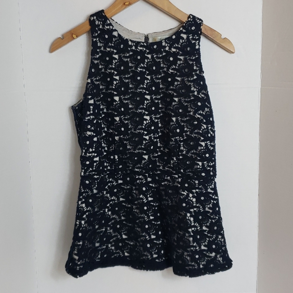 Beth Bowley Blue Gray Crochet Sleeveless Top